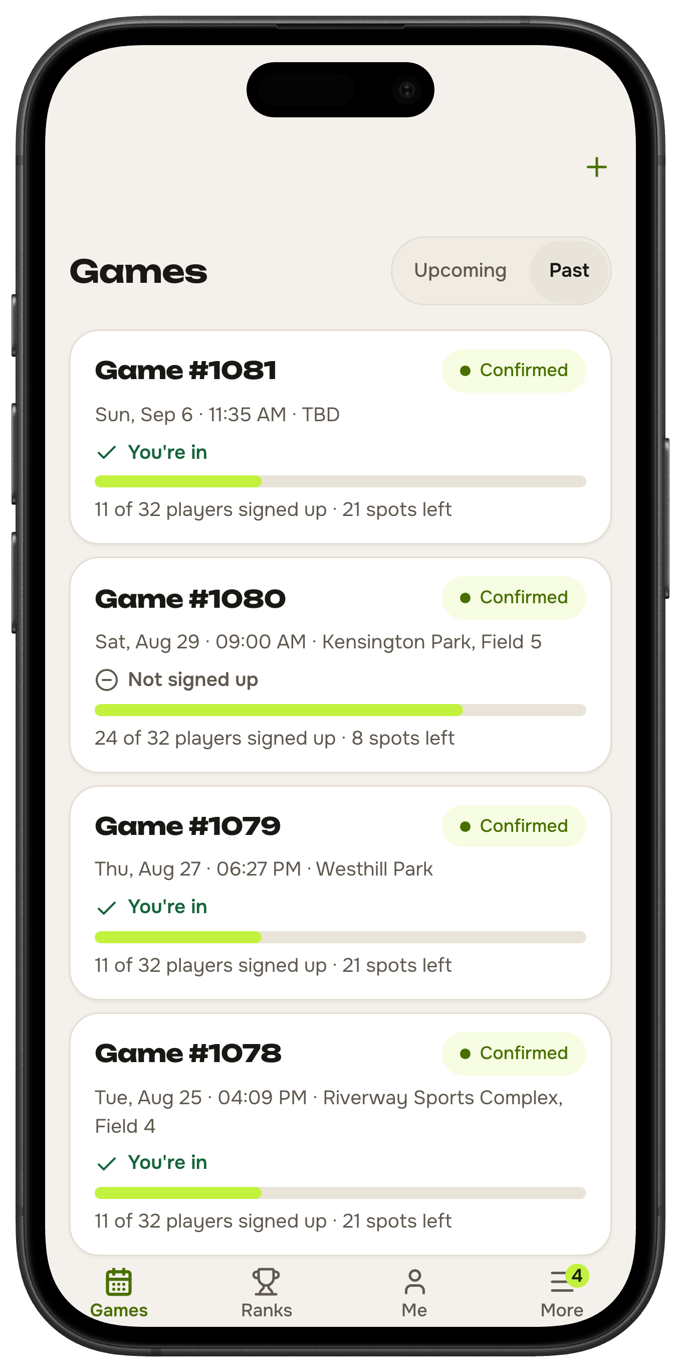 The games tab: the next game day, how many have signed up, and the days after it.