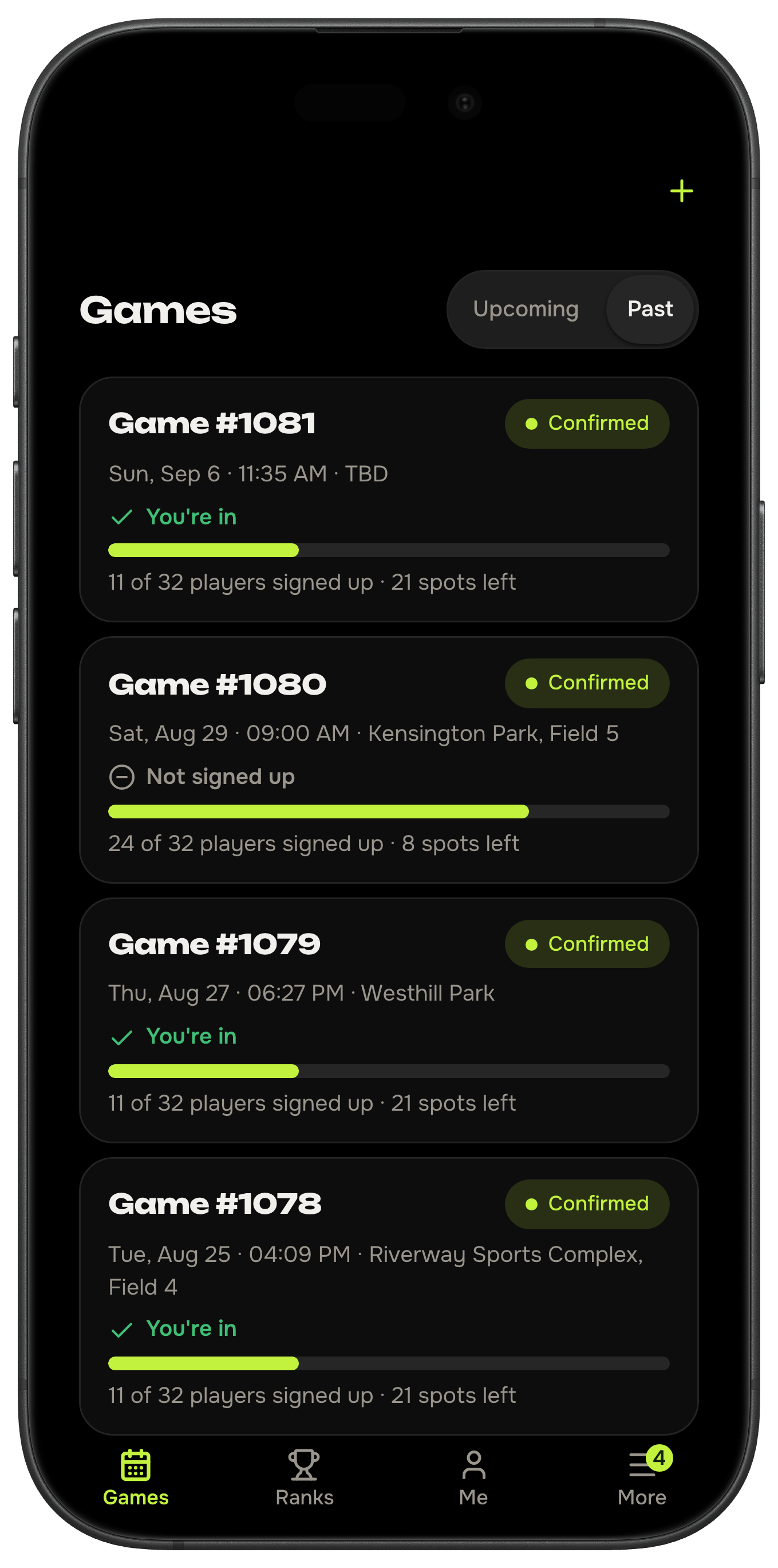 The games tab: the next game day, how many have signed up, and the days after it.
